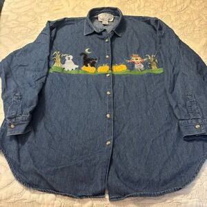 Woman's Eagle Eye Collection‎ Denim Long Sleeve Shirt XL Harvest Scene On Chest